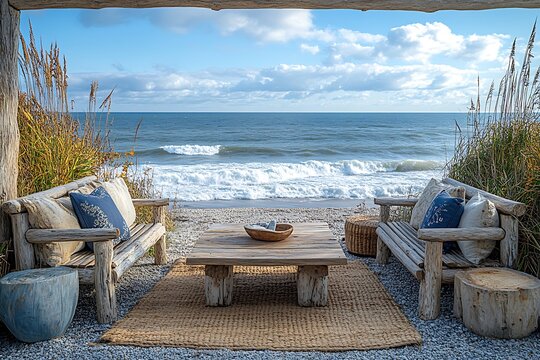 Scenic ocean view seating with wooden benches high resolution picture