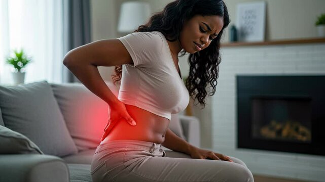 Black young adult woman sitting on couch in living room holding lower back with hand, wincing in pain, red glow highlighting lumbar area, possible kidney or spine problem.