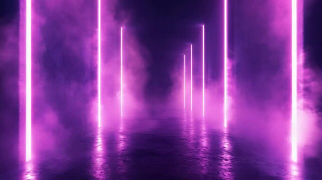 Purple Neon Lights in Foggy Corridor