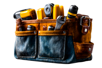 Heavy-duty tool belt with rugged texture, overflowing with carpenter and mechanic tools, angled close-up, transparent to transparent background