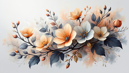 3D Delicate watercolor floral arrangement with peach and white blossoms and blue gray foliage on white background