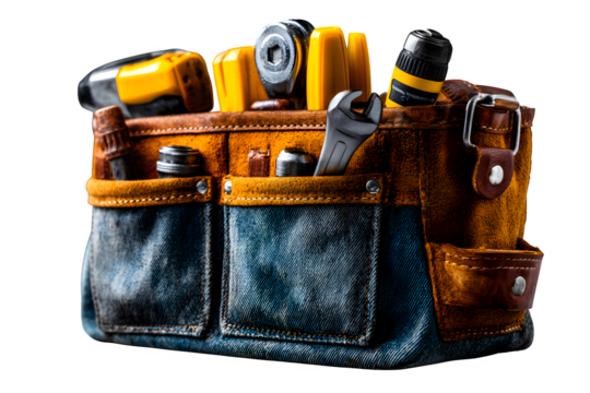 Heavy-duty tool belt with rugged texture, overflowing with carpenter and mechanic tools, angled close-up, transparent to transparent background