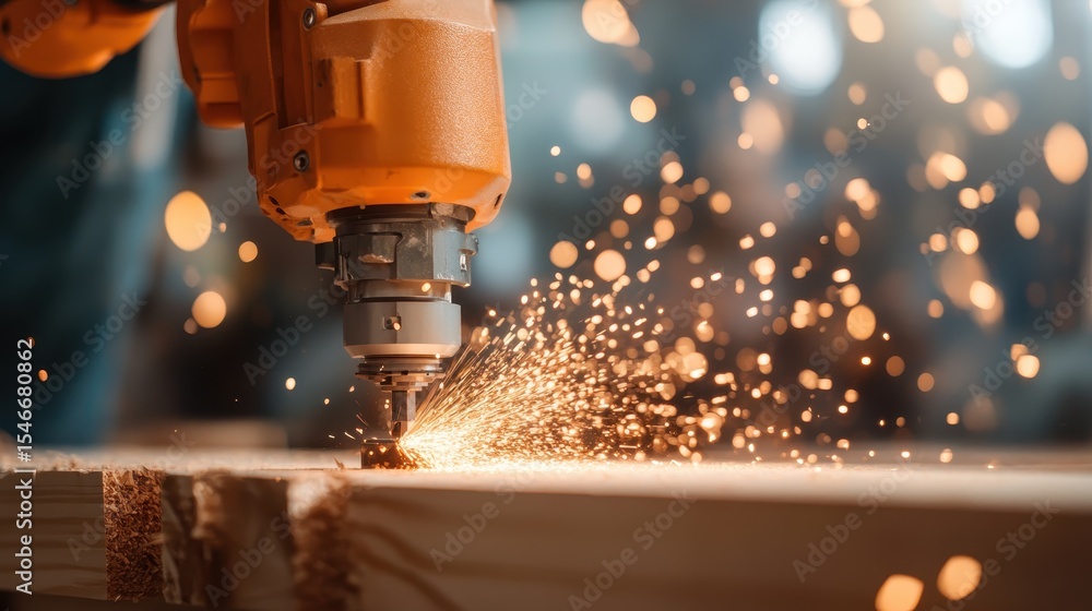 Poster an action-packed scene illustrating a power tool in use, with sparks flying dramatically in a worksh