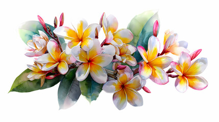 Naklejka premium Watercolor Illustration of Hampa Frangipani (Plumeria) – Delicate Pink and White Tropical Flowers on a White Background