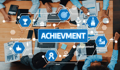 A dynamic team brainstorming in a modern office, showcasing achievement concepts, goals, and...