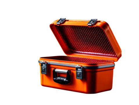 High-resolution orange metal toolbox with textured surface, placed on invisible background with subtle top-down light, transparent to transparent background