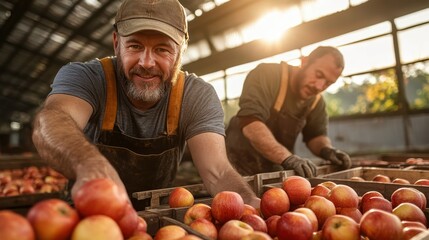 Fototapeta premium Two farmers engage in the productive process of harvesting fresh apples in a sunlit orchard, symbolizing hard work and the beauty of agricultural life.