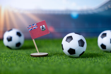 A miniature Bermuda flag alongside soccer balls on vibrant green grass symbolizes international sport competition and national pride at an illuminated stadium event
