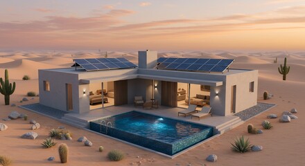Fototapeta premium Desert House with Solar Panels and Swimming Pool