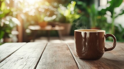 A steaming cup of coffee rests on a wooden table, set in a peaceful environment filled with greenery, evoking feelings of warmth and tranquility in a cozy moment.