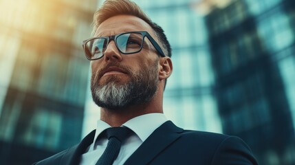 A powerful businessman stands confidently against a backdrop of glass buildings, exuding professionalism and determination in a vibrant urban environment.