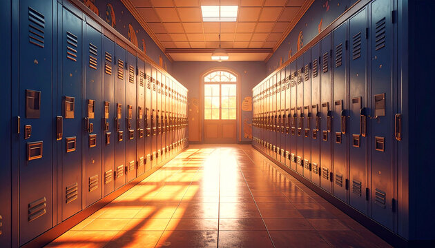 Sunlit school hallway with rows of blue metal lockers, a tiled floor, and a window at the far end showing a bright, outdoor scene