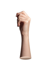 Curled fingers in gentle fist holding thin invisible card. Soft natural skin and relaxed wrist show