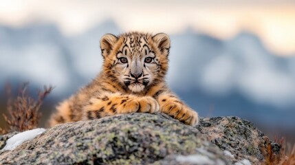 A close-up of an adorable snow leopard cub resting on a rock, showcasing its striking features and the beauty of wildlife in a natural habitat surrounded by mountains.