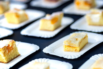 Different types of cake pieces on a table on a paper tray