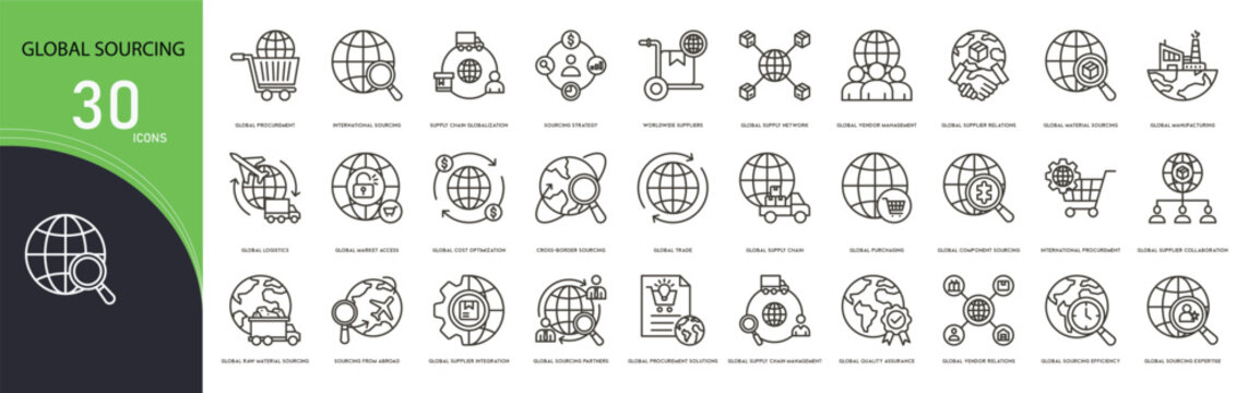 Global sourcing related icon collections. Containing globe, supply chain, shipping, vendor, import, export, logistics, contract, warehouse, and trade icons. Outline icons.