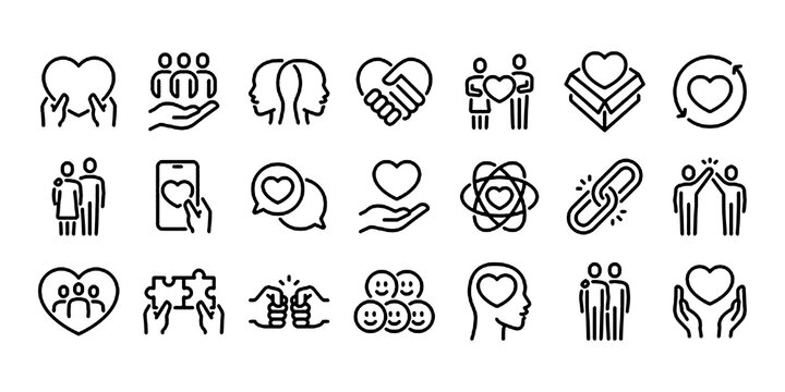 Love, friendship, care and charity concept editable stroke outline icons set isolated on white background flat vector illustration.