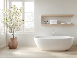 Fototapeta premium Minimalist Bathroom with White Bathtub and Flowers