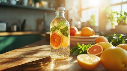 A vibrant bottle of citrus-infused sparkling water, garnished with fresh orange slices and mint, glistens in the sunlight on a bright kitchen counter, inviting refreshment.