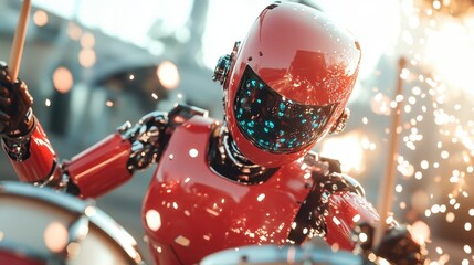 A sleek, red robot equipped with sensors, passionately playing drums amidst flying sparks, symbolizes the convergence of technology and artistic expression in modern music.