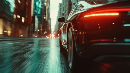 Obraz premium A stunning black sports car speeds through vibrant city streets at dusk, encapsulating the thrill of luxury and performance in urban life amidst reflective lights and motion blur.
