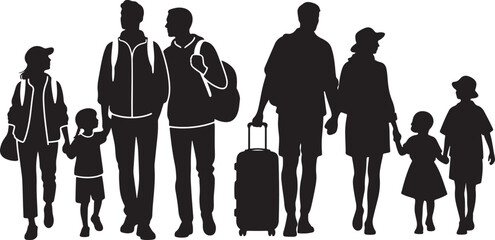 Silhouette of a family of four, parents and two children, walking together with luggage.