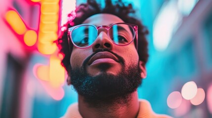 This close-up captures a stylish man with glasses contrasting against a vibrant neon backdrop, encapsulating urban fashion and an artistic lifestyle through bold colors.