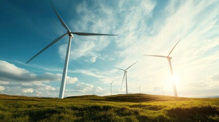 A stunning landscape featuring multiple wind turbines against a picturesque sky, symbolizing sustainable energy, nature, and the beauty of renewable resources in harmony.