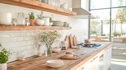Modern Vintage Kitchen Interior with Wooden Counter and Shelves