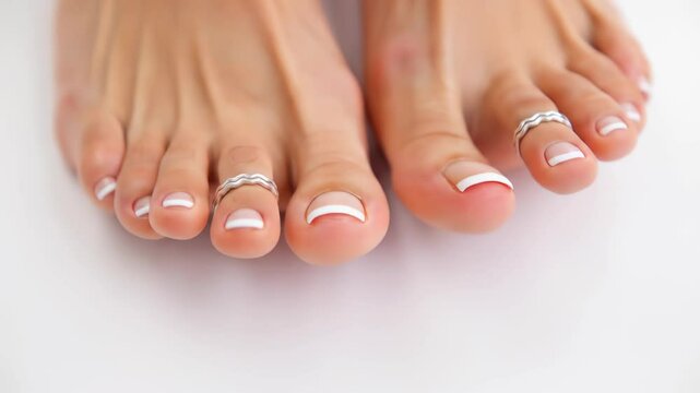 French Pedicure Feet with Toe Rings: Elegant Woman's Toes & Nails, Spa Beauty & Foot Care. Summer Style & Self-Care. 4K Video.