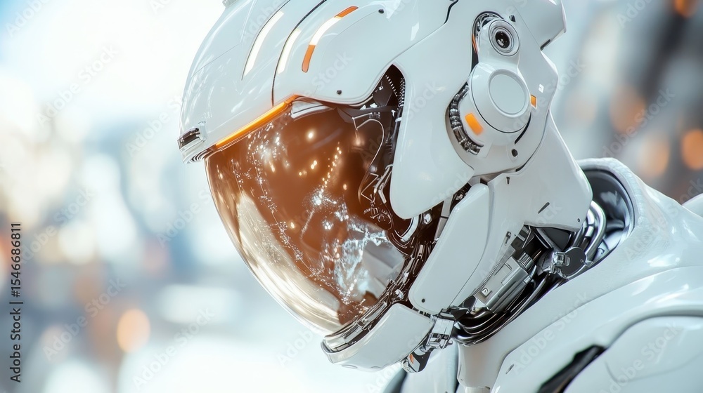 Poster a sleek white robot helmet captured in a futuristic setting, emphasizing advanced technology, aesthe