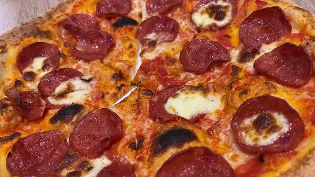close up of salami pizza
