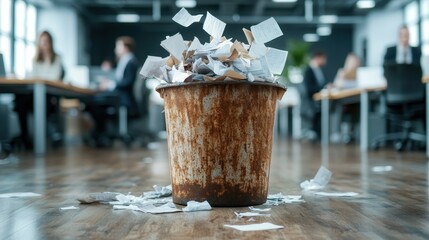 An overflowing trash bin filled with crumpled papers captures the chaos of office life, representing themes of productivity, stress, and the clutter of daily work.