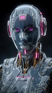 Girl cyborg robot of the future, smooth metallic details, eyes shine with purple light,