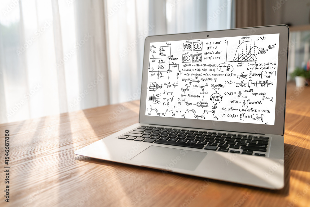 Poster mathematic equations and modish formula on computer screen showing concept of science and education