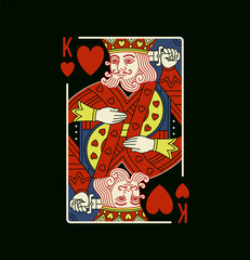 King character, Hearts suit playing card in vintage Black design, editable stroke line, vector colorful isolated illustration.