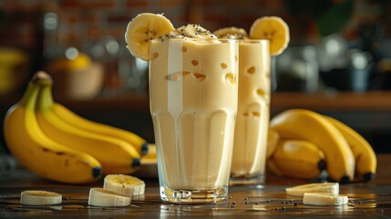 Two tall glasses of creamy banana milkshake topped with fresh banana slices and sprinkled with seeds, inviting a sense of indulgence and delightful flavors.