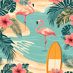 Fun Tropical Summer Seamless Pattern with Pink Flamingos, Surfboards, and Palm Leaves - Beach Vibe