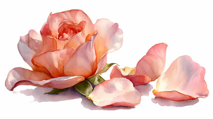 Watercolor Illustration of Delicate Rose Petals &ndash; Soft Pink Petals Scattered on White Background

