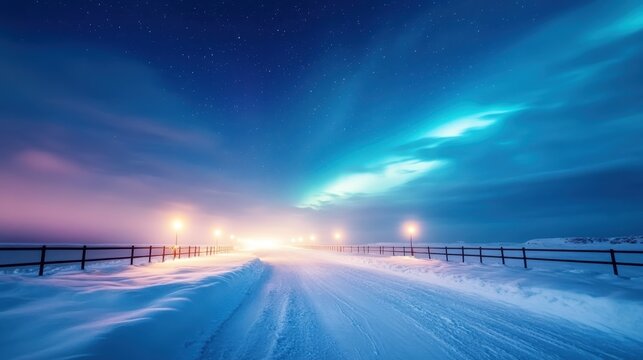 Fototapeta A dreamy winter scene captures brilliant northern lights dancing in the sky above a snow-covered pathway lined with glowing streetlamps.