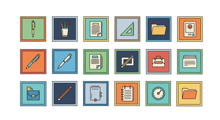 Colorful Office Supply Icons Vector Illustration Set