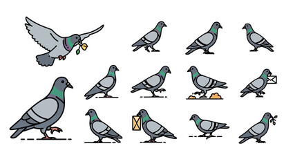 Collection of Pigeon Illustrations Line Art Style Bird Graphics