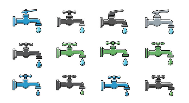 Water Tap Icons Diverse Color Set for Design Projects