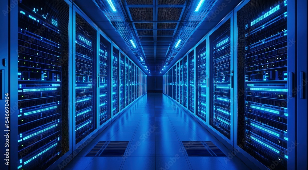 Poster High-tech data center corridor with rows of glowing blue servers and ceiling lights, ideal for cloud storage, cybersecurity visuals, or futuristic digital infrastructure illustrations