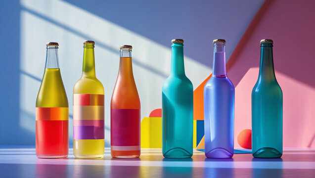 Colorful Glass Bottles with Minimalist Geometric Design – 4K Ultra HD Still Life Photo