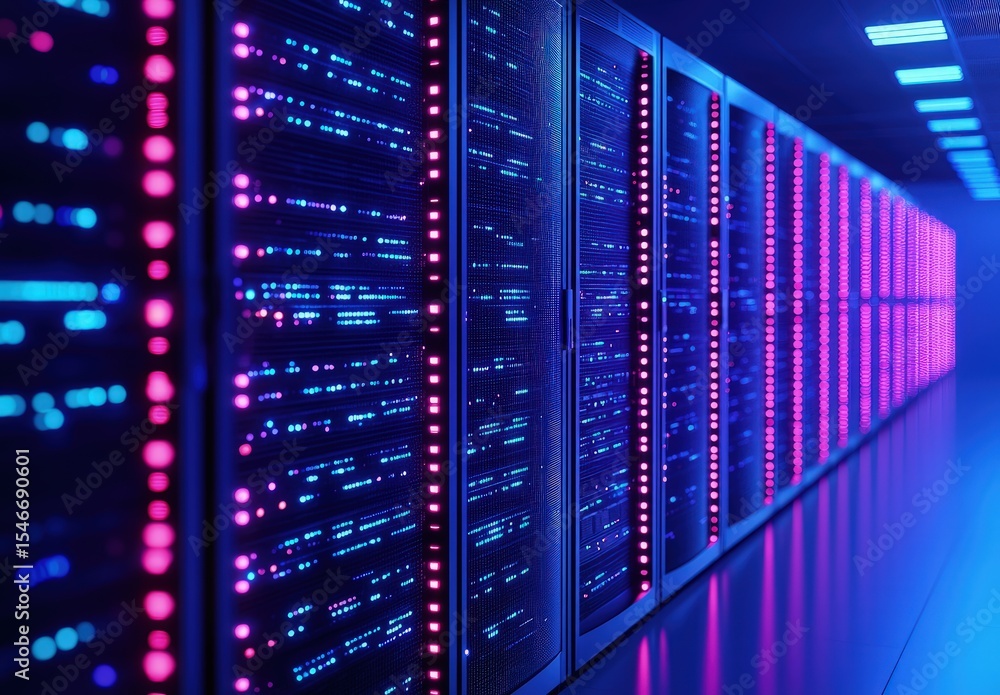 Poster Digital server room corridor with illuminated pink and blue LED lights on high-tech data racks, perfect for cloud services, internet security, or futuristic computing and IT infrastructure visuals