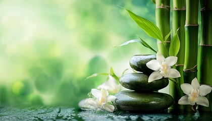 spa background with ochideen and bamboo in green