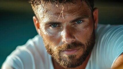 A close-up portrait of a rugged man with a beard, glistening skin, and intense blue eyes captures emotion and determination, emphasizing strength and masculinity in a dynamic context.