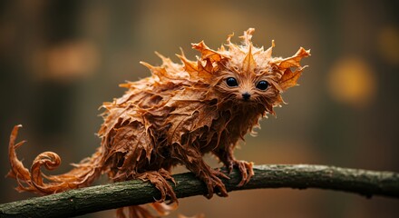 Obraz premium Autumnal Creature: A Leaf-Covered Animal on a Branch