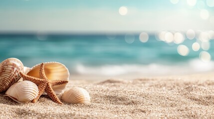 A serene coastal scene featuring beautiful seashells, a starfish, and soft sand against a tranquil ocean backdrop, capturing the essence of relaxation at the beach.